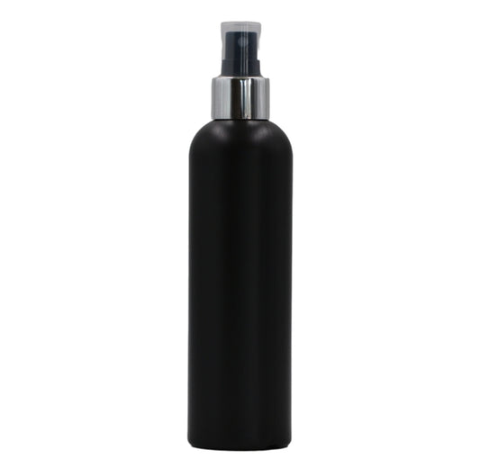 250ml HDPE Boston black bottle (24mm neck)-black & silver mist spray