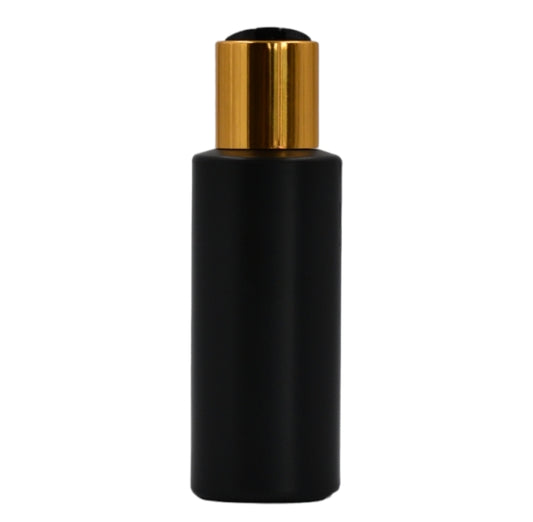 100ml HDPE Flat shoulder black bottle (24mm neck)-Black & gold disc top