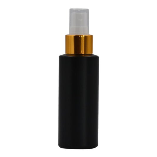 100ml HDPE Flat shoulder black bottle (24mm neck)-white & gold mist spray